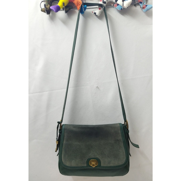 Fossil Green Leather Suede Pushlock Flap Closure Crossbody Bag - Picture 7 of 16